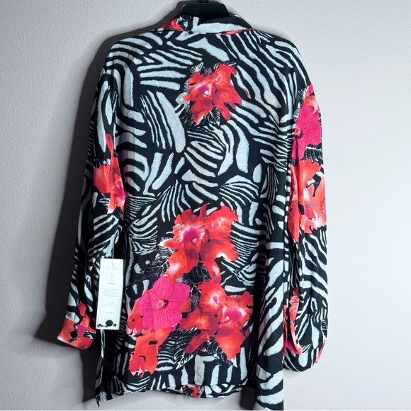 New Diane Gilman Black Red Sequin Floral Zebra 100% Silk Button Down Shirt Sz 3X - Picture 2 of 15